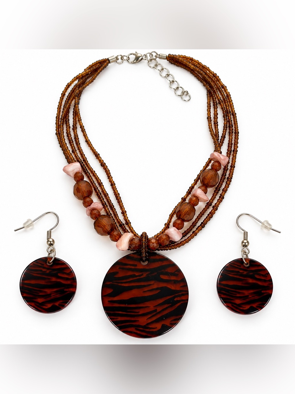 Tiger Stripe Multi Strand Beaded Necklace Earrings Set Boho Jewelry Like New